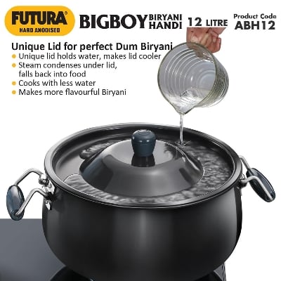 Picture of Hawkins Futura 12 Litre Bigboy Biryani Handi, Polished Hard Anodised Pot with Hard Anodised Lid, Sauce Pan for Cooking and Serving Biriyani